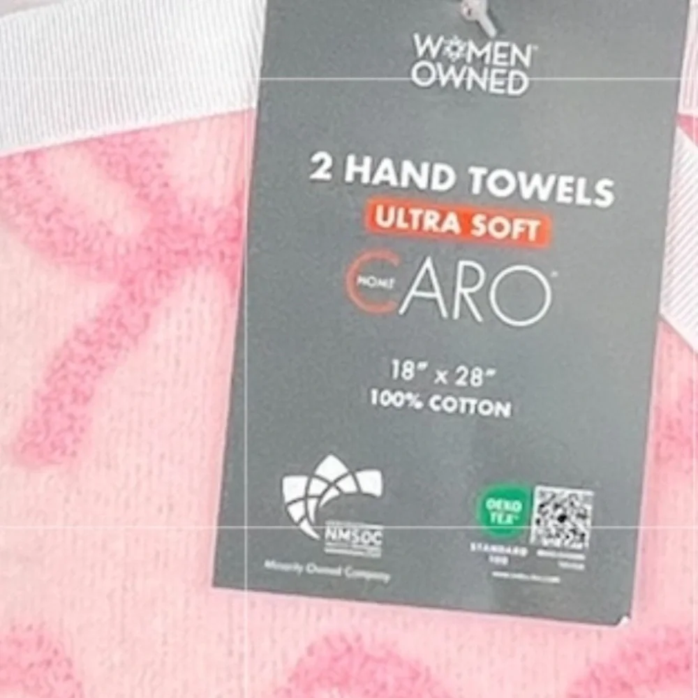 Caro - ‘Pink Bows’ Hand Towels (2). Ultrasoft. NWT. Firm!